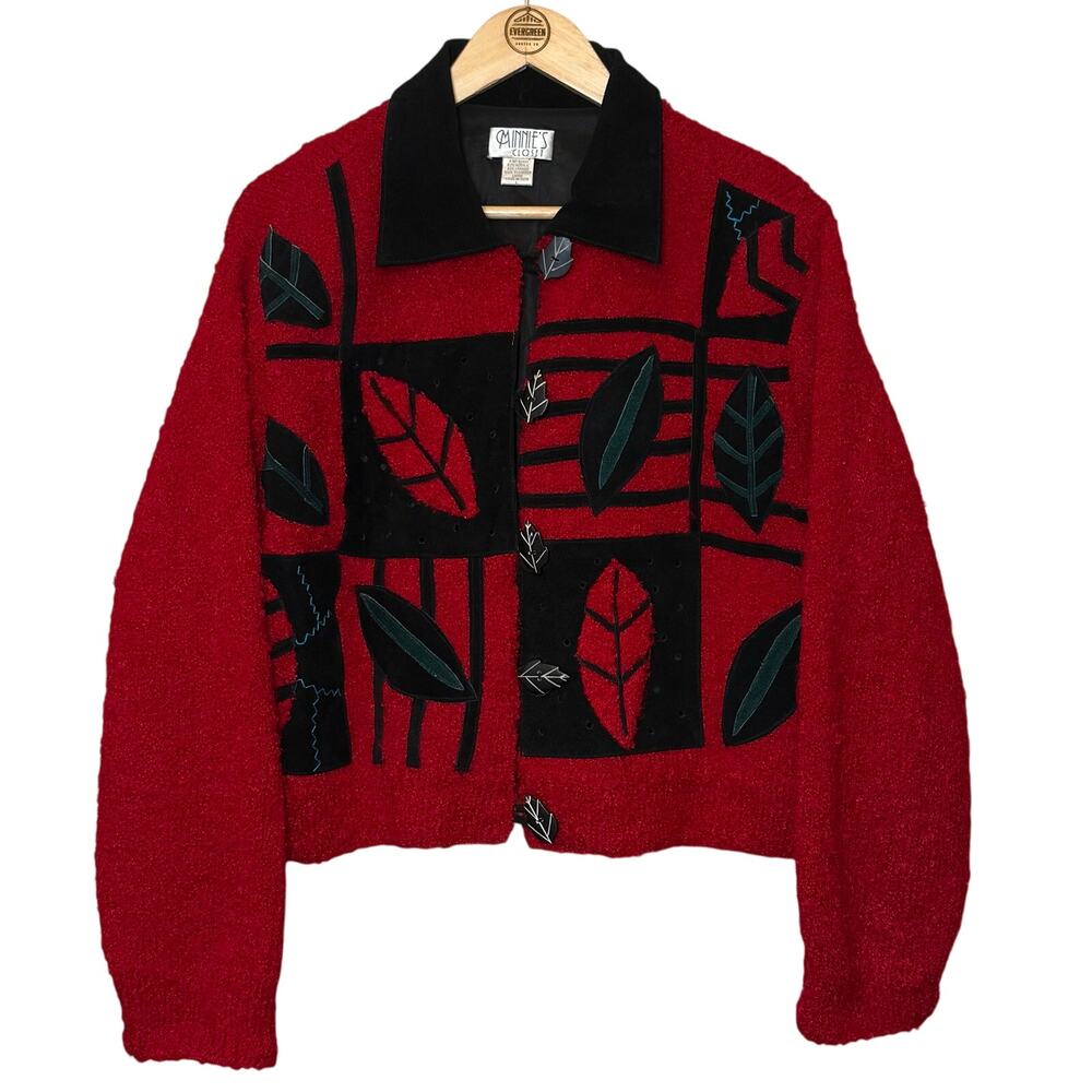 VTG Leaf Sweater Cropped Leather Funky Eccentric Red Minnie's Closet Size Large